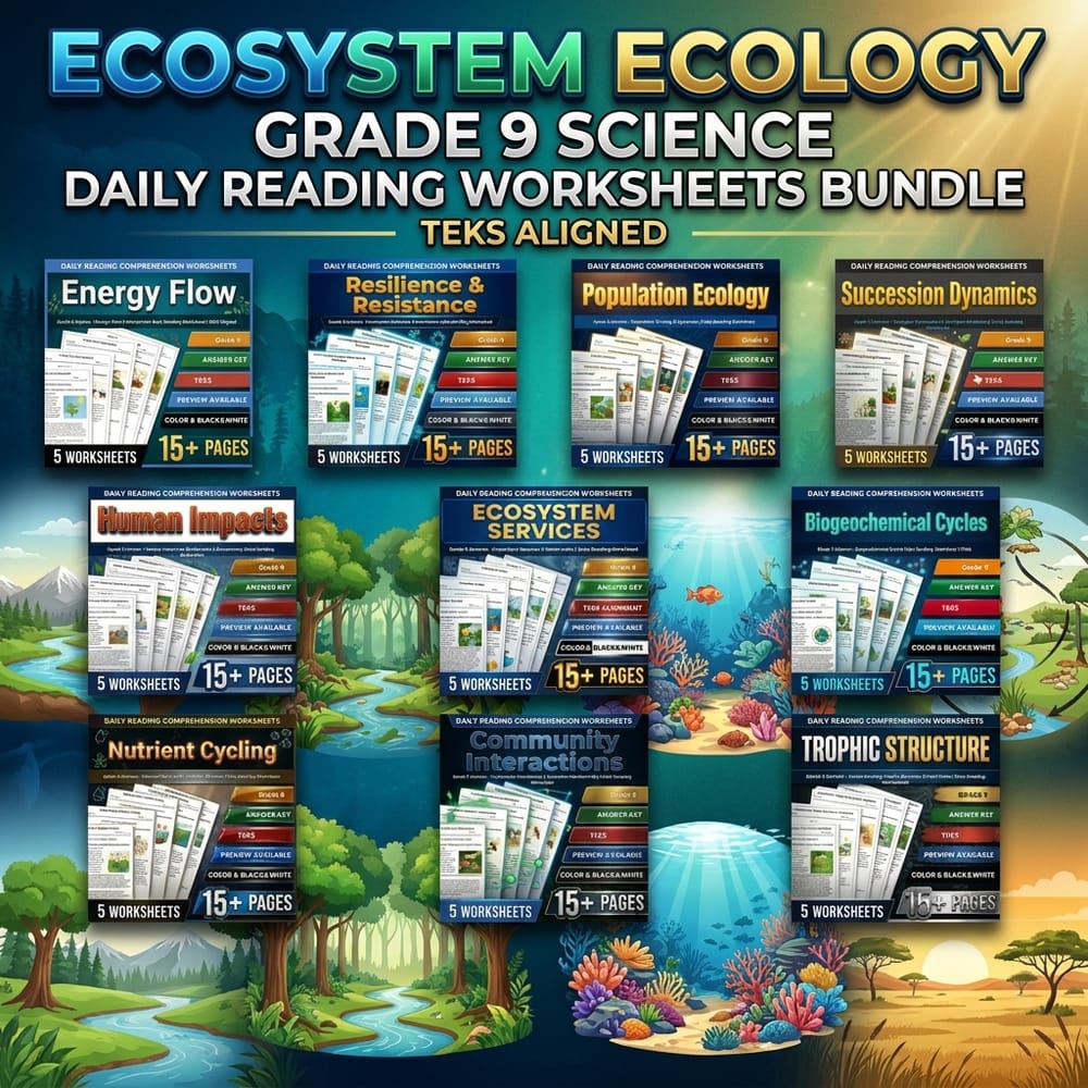 Ecosystem Ecology Grade 9 Science Daily Reading Worksheets Bundle | TEKS — bundle cover