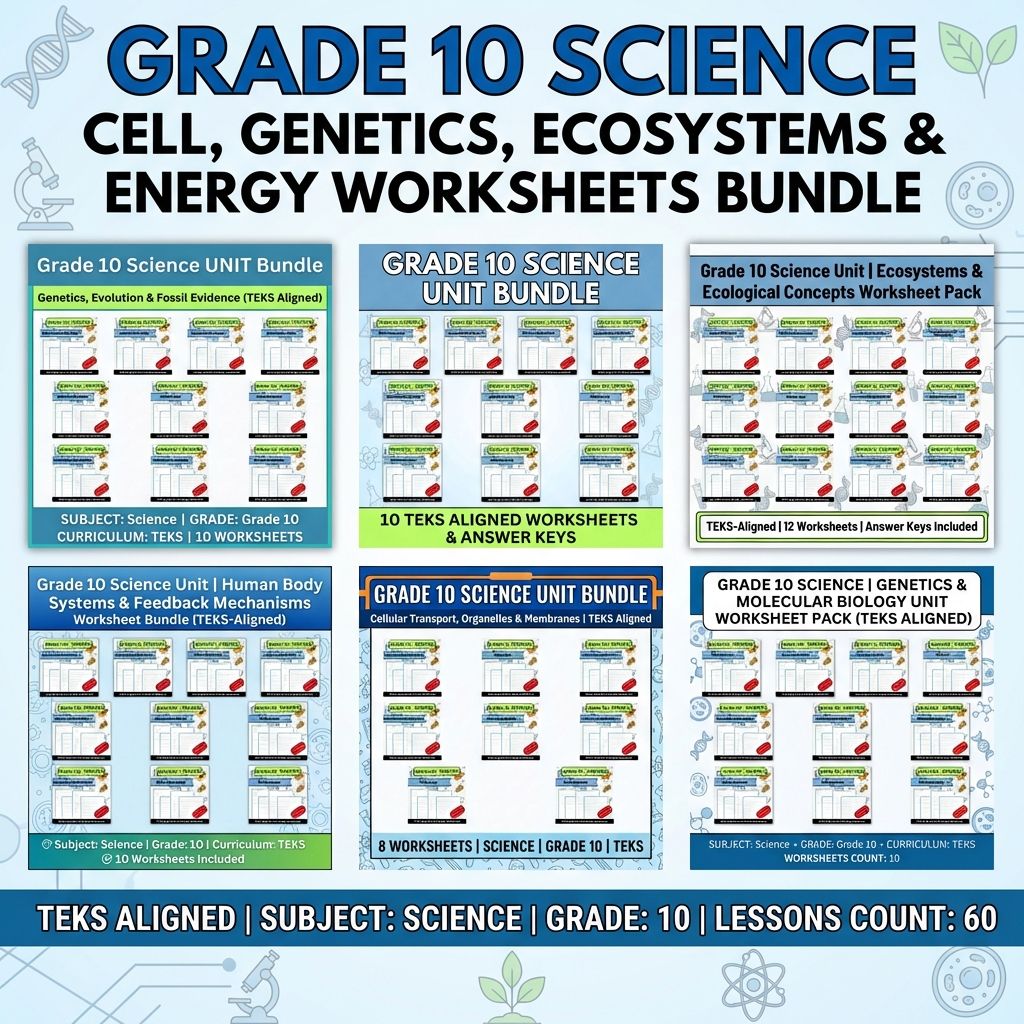 Grade 10 Science | Cell, Genetics, Ecosystems & Energy Worksheets Bundle (TEKS Aligned) — bundle cover