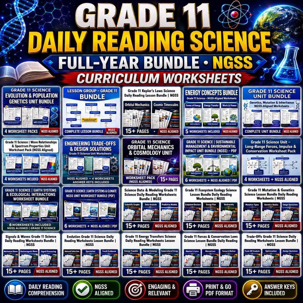 Grade 11 Daily Reading Science Full-Year Bundle NGSS Curriculum Worksheets — bundle cover