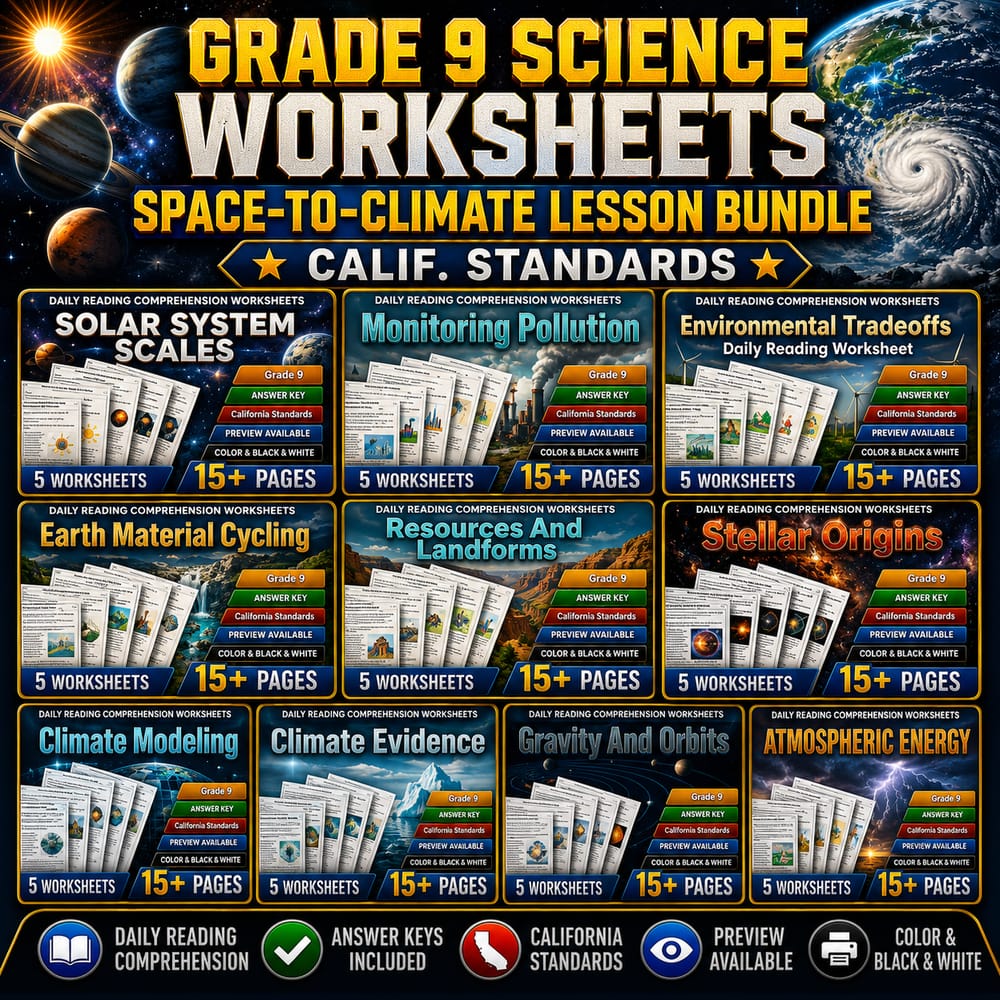 Grade 9 Science Worksheets: Space-to-Climate Lesson Bundle | Calif. Standards — bundle cover