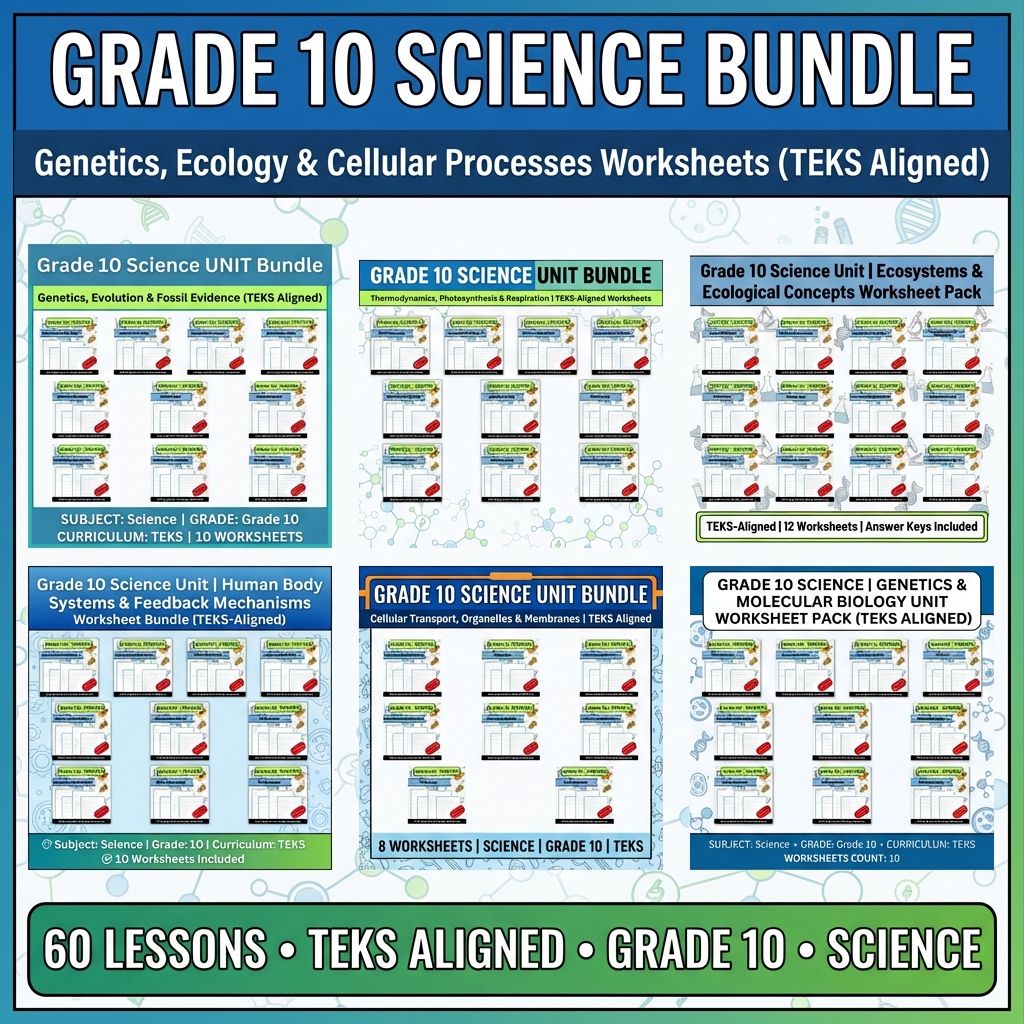 Grade 10 Science Bundle | Genetics, Cell Biology & Ecosystems Worksheets - TEKS — bundle cover