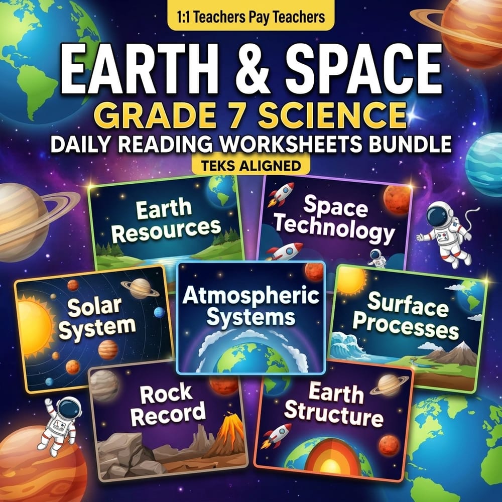 Earth & Space Grade 7 Science Daily Reading Worksheets Bundle | TEKS — bundle cover