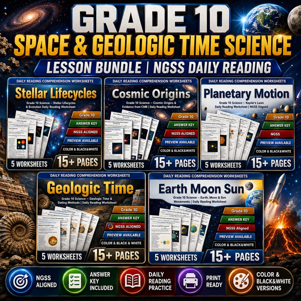 Grade 10 Space & Geologic Time Science Lesson Bundle | NGSS Daily Reading — bundle cover