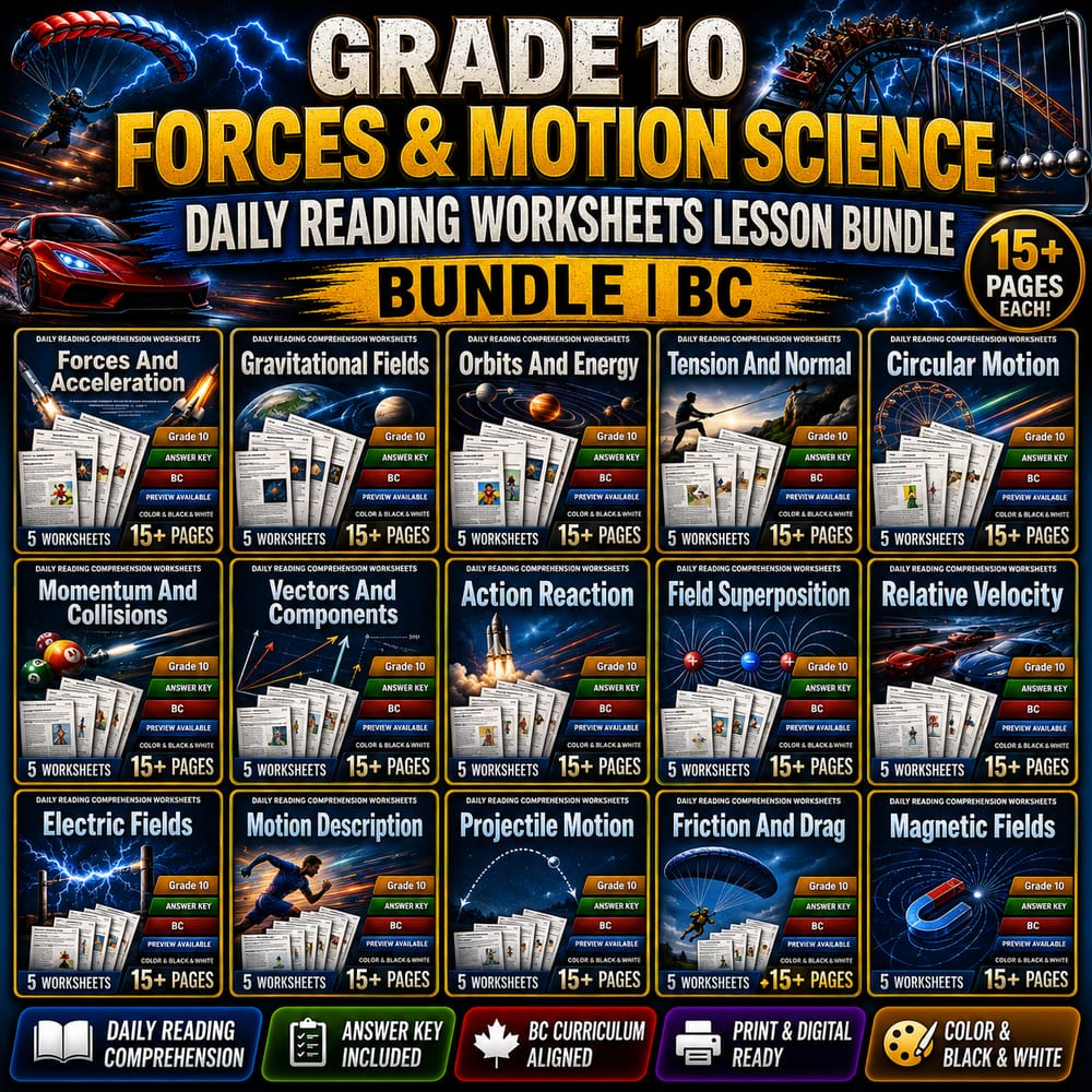 Grade 10 Forces & Motion Science Daily Reading Worksheets Lesson Bundle | BC — bundle cover