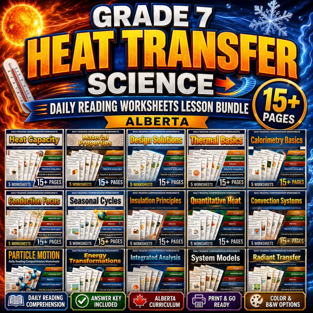 Grade 7 Heat Transfer Science Daily Reading Worksheets Lesson Bundle | Alberta — bundle cover