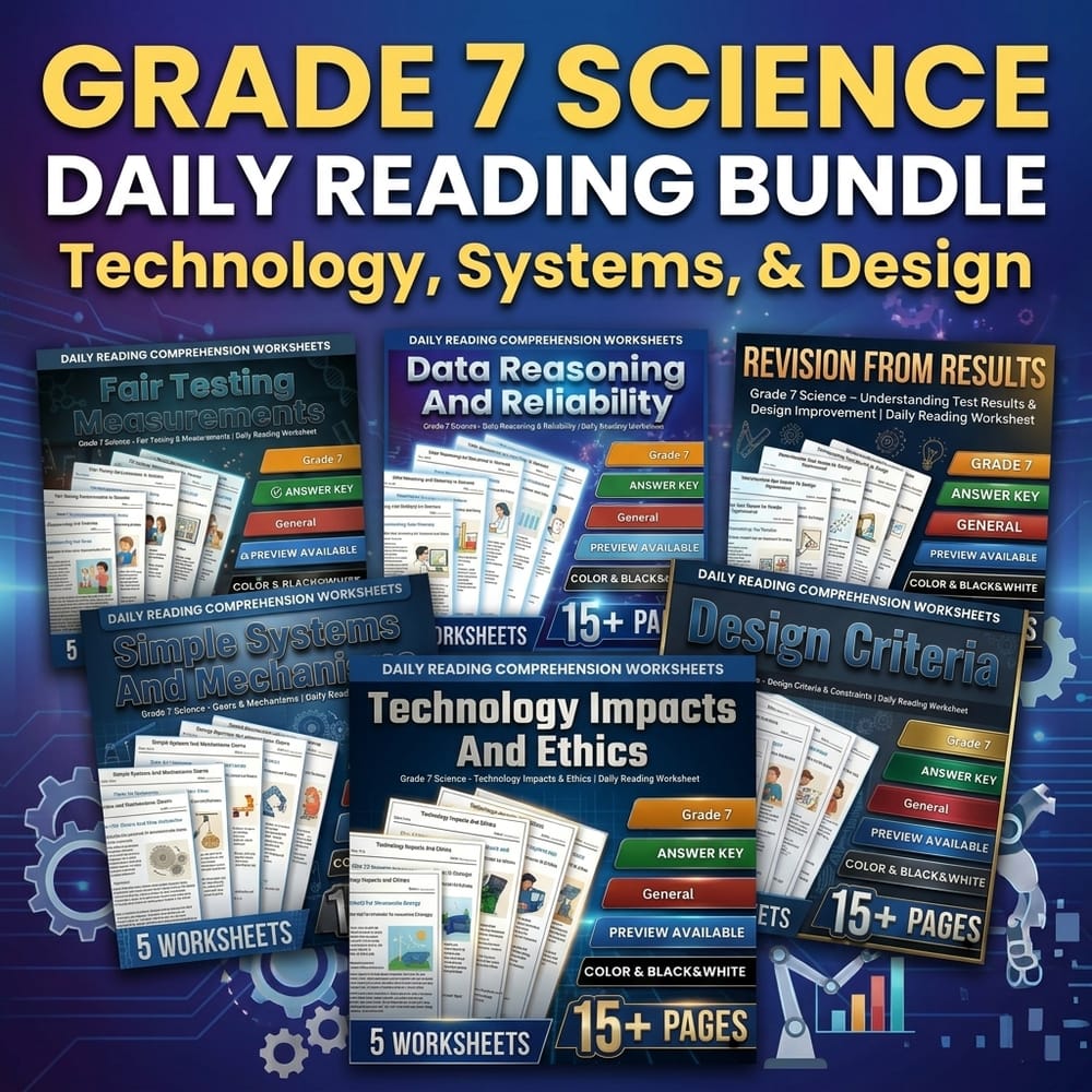 Design & Tech Grade 7 Science Daily Reading Worksheets Lesson Bundle | General — bundle cover