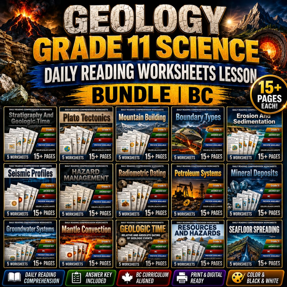 Geology Grade 11 Science Daily Reading Worksheets Lesson Bundle | BC — bundle cover