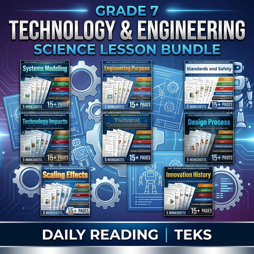 Grade 7 Technology & Engineering Science Lesson Bundle: Daily Reading | TEKS — bundle cover