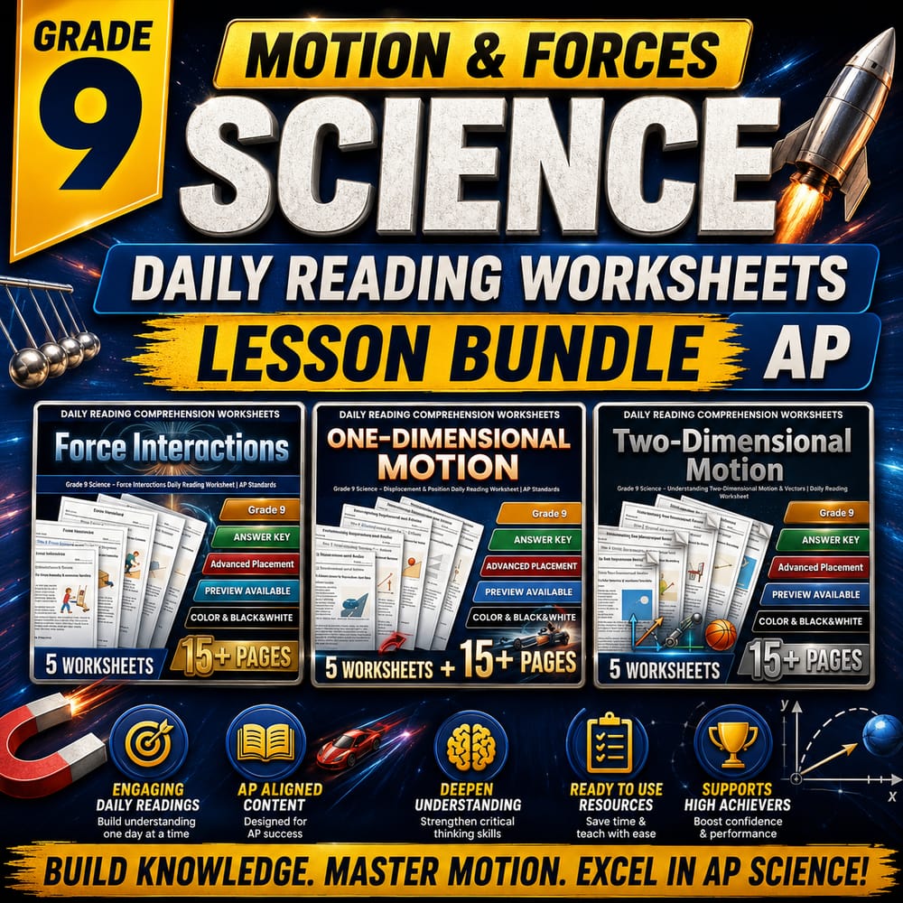 Motion & Forces Grade 9 Science Daily Reading Worksheets Lesson Bundle | AP — bundle cover