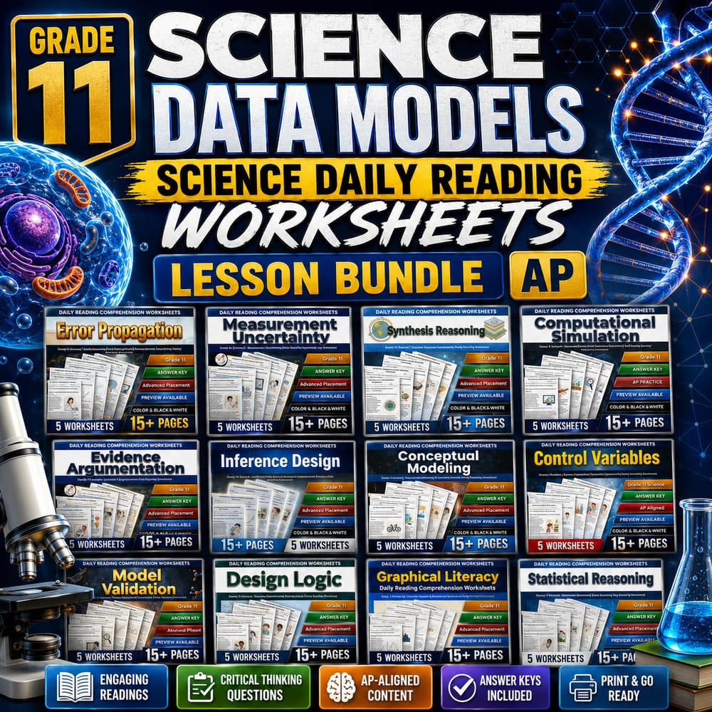 Science Data Models Grade 11 Science Daily Reading Worksheets lesson bundle | AP — bundle cover