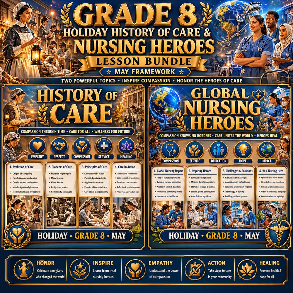 Grade 8 Holiday History of Care & Nursing Heroes Lesson Bundle: May Framework — bundle cover