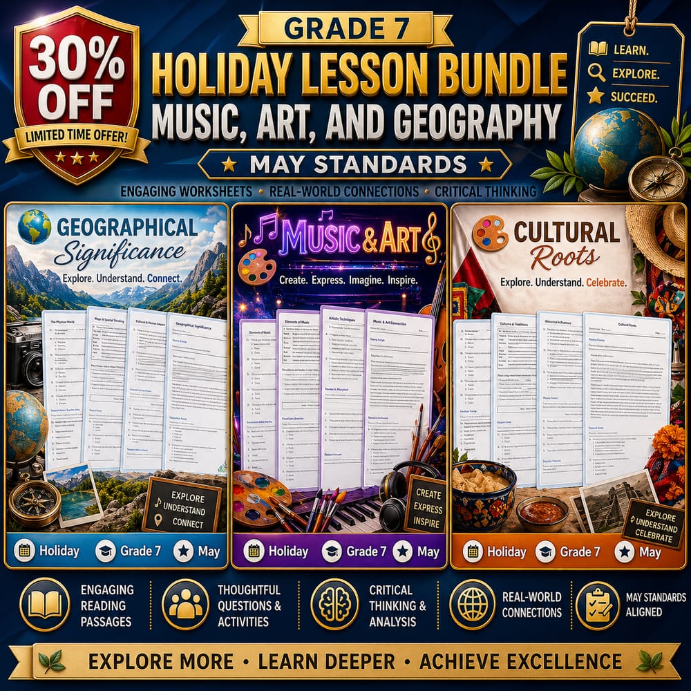 Grade 7 Holiday Lesson Bundle: Music, Art, and Geography May Standards — bundle cover