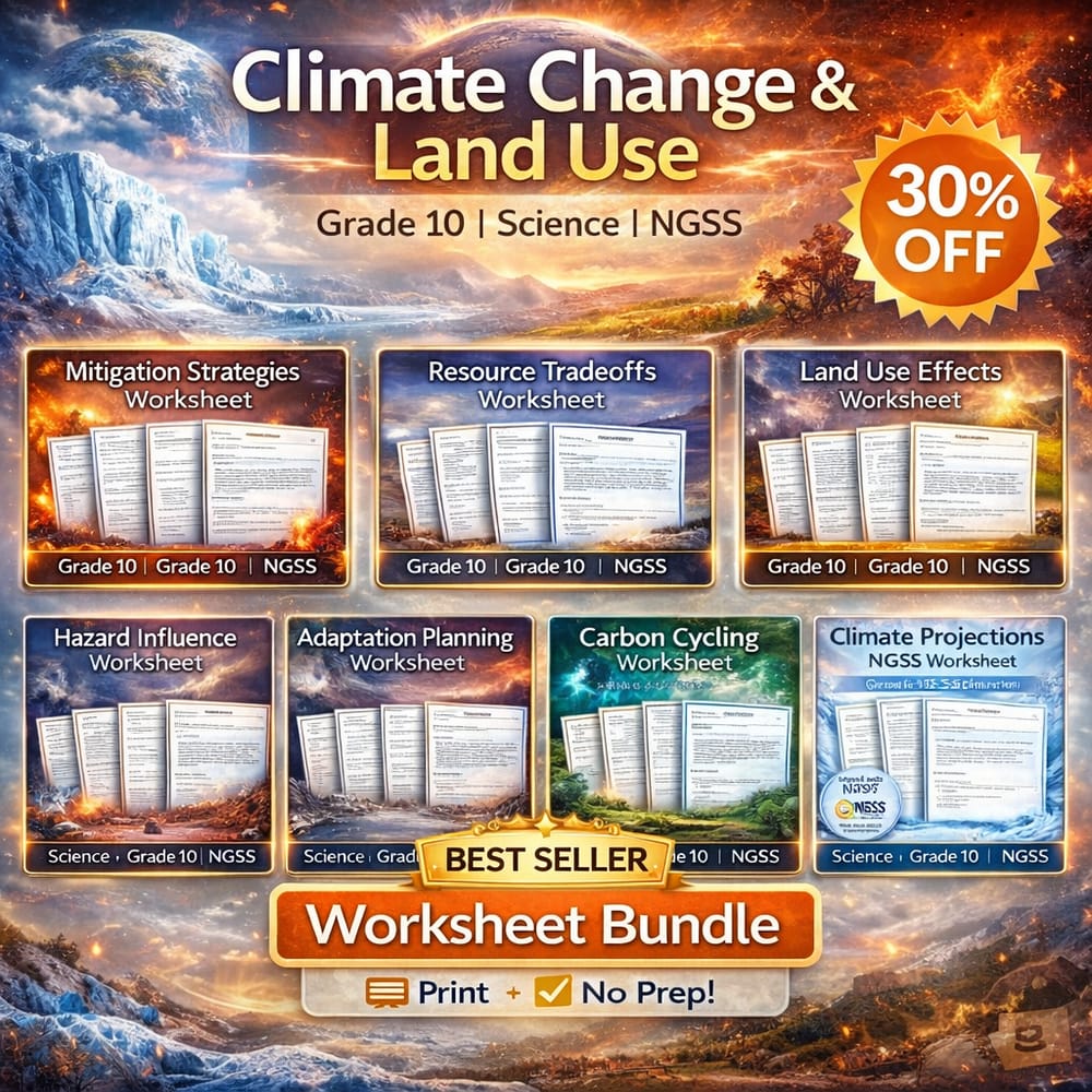 Grade 10 Climate Change & Land Use Science Lesson Bundle Worksheets – NGSS — bundle cover