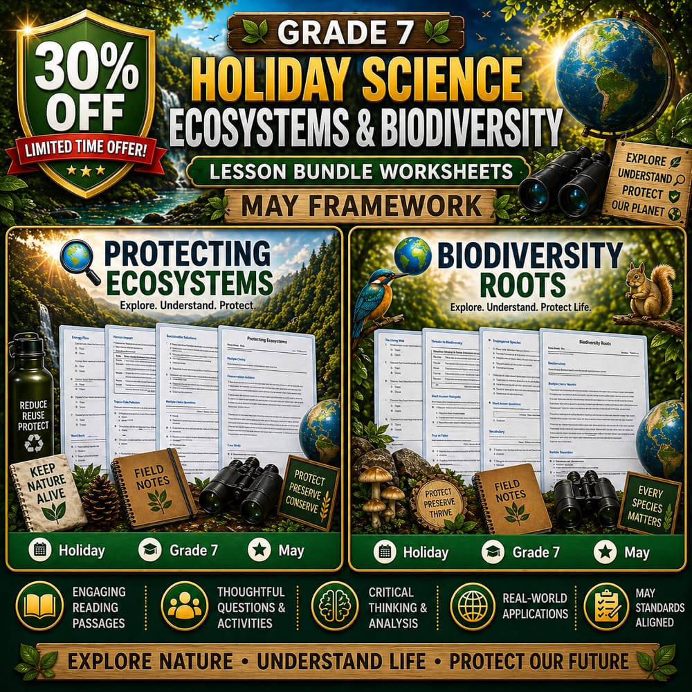 Grade 7 Holiday Science Ecosystems & Biodiversity Lesson Bundle: May — bundle cover