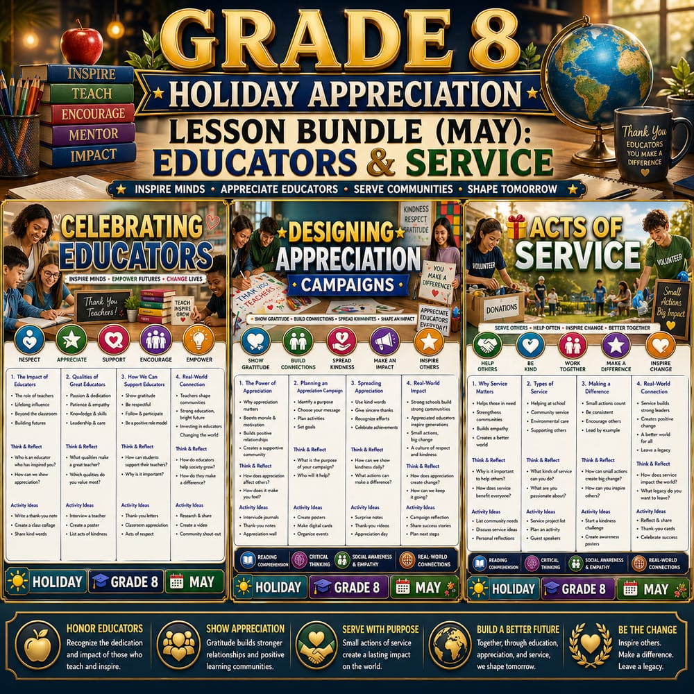Grade 8 Holiday Appreciation Lesson Bundle (May): Educators & Service — bundle cover