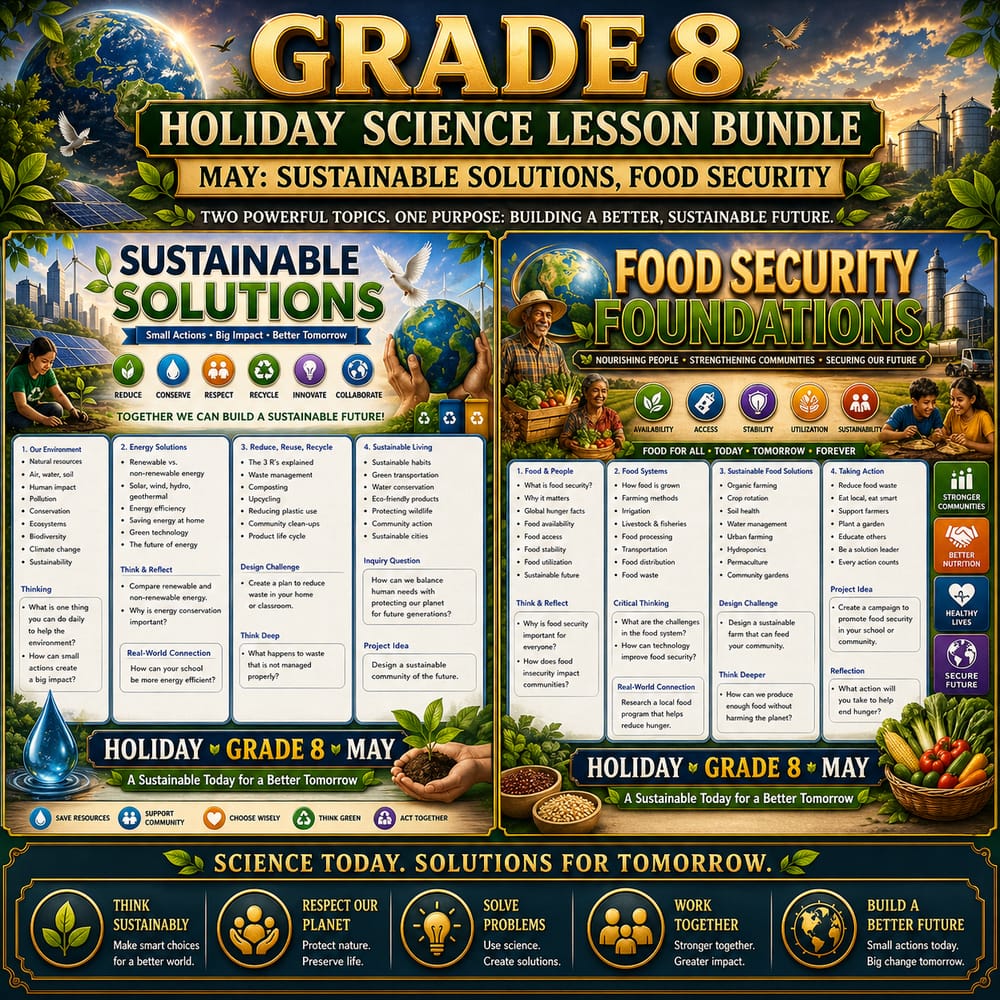 Grade 8 Holiday Science Lesson Bundle: May Sustainable Solutions, Food Security — bundle cover