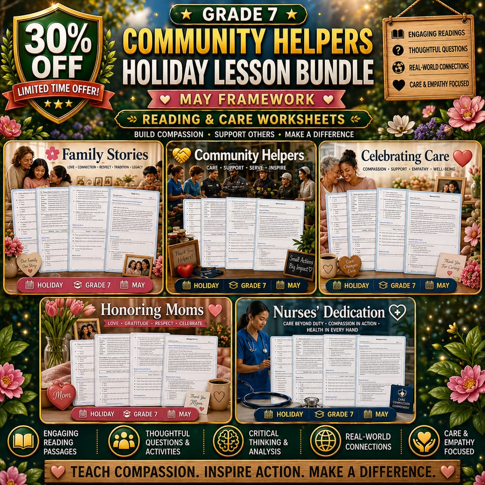 Grade 7 Community Helpers Holiday Lesson Bundle: May  Reading & Care Worksheets — bundle cover