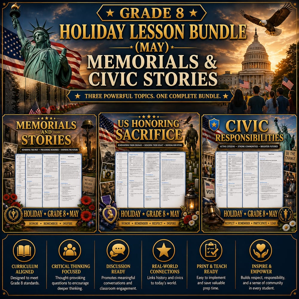 Grade 8 Holiday Lesson Bundle (May): Memorials & Civic Stories — bundle cover