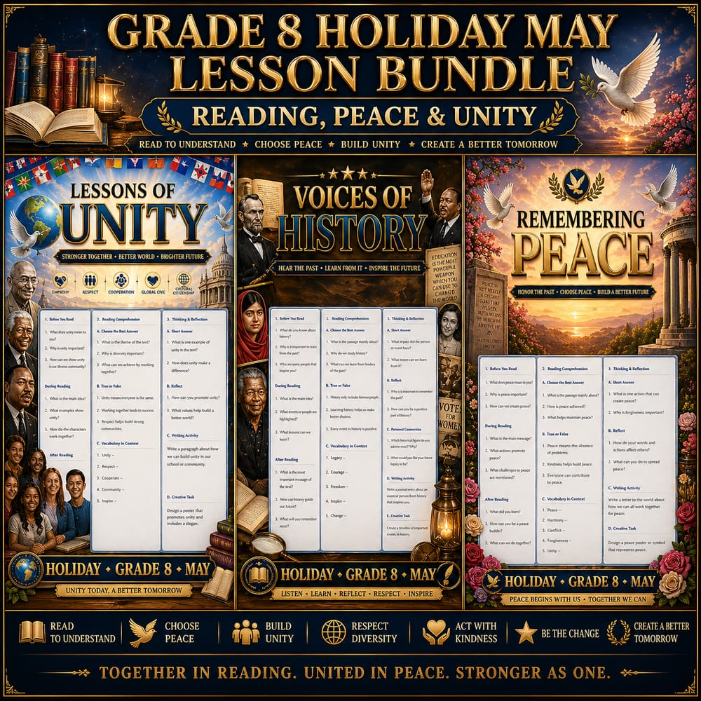 Grade 8 Holiday May Lesson Bundle: Reading, Peace & Unity — bundle cover