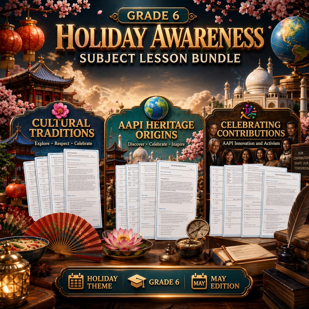 Grade 6 Holiday Awareness Subject Lesson Bundle: May Framework — bundle cover