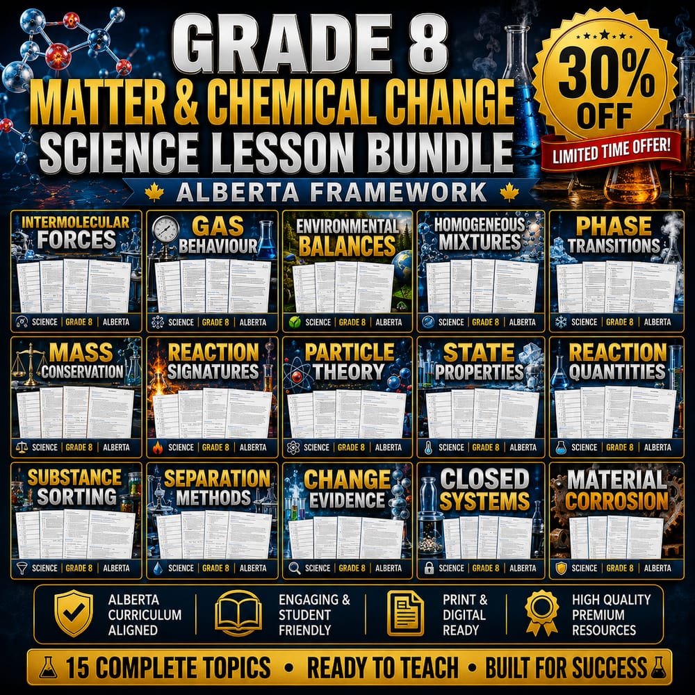 Grade 8 Matter & Chemical Change Science Lesson Bundle | Alberta Framework — bundle cover