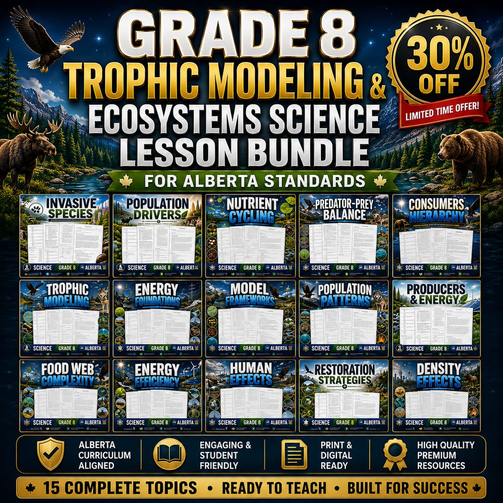 Grade 8 Trophic Modeling & Ecosystems Science Lesson Bundle for Alberta Standards — bundle cover