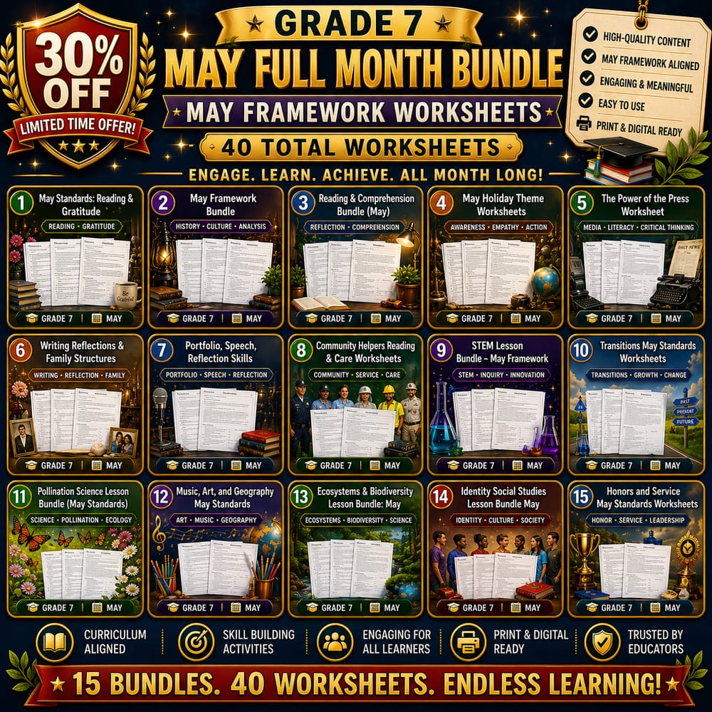 Grade 7 Holiday full month Bundle: May Framework Worksheets (40 Total) — bundle cover