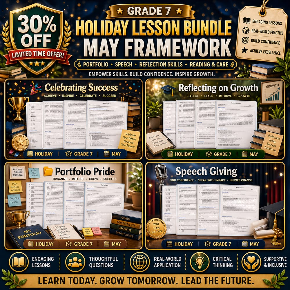 Grade 7 Holiday Lesson Bundle: May Portfolio, Speech, Reflection Skills — bundle cover