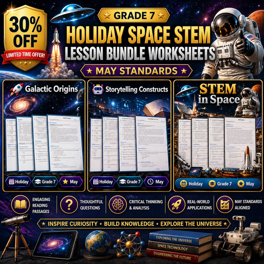 Grade 7 Holiday Space STEM Lesson Bundle Worksheets: May Standards — bundle cover