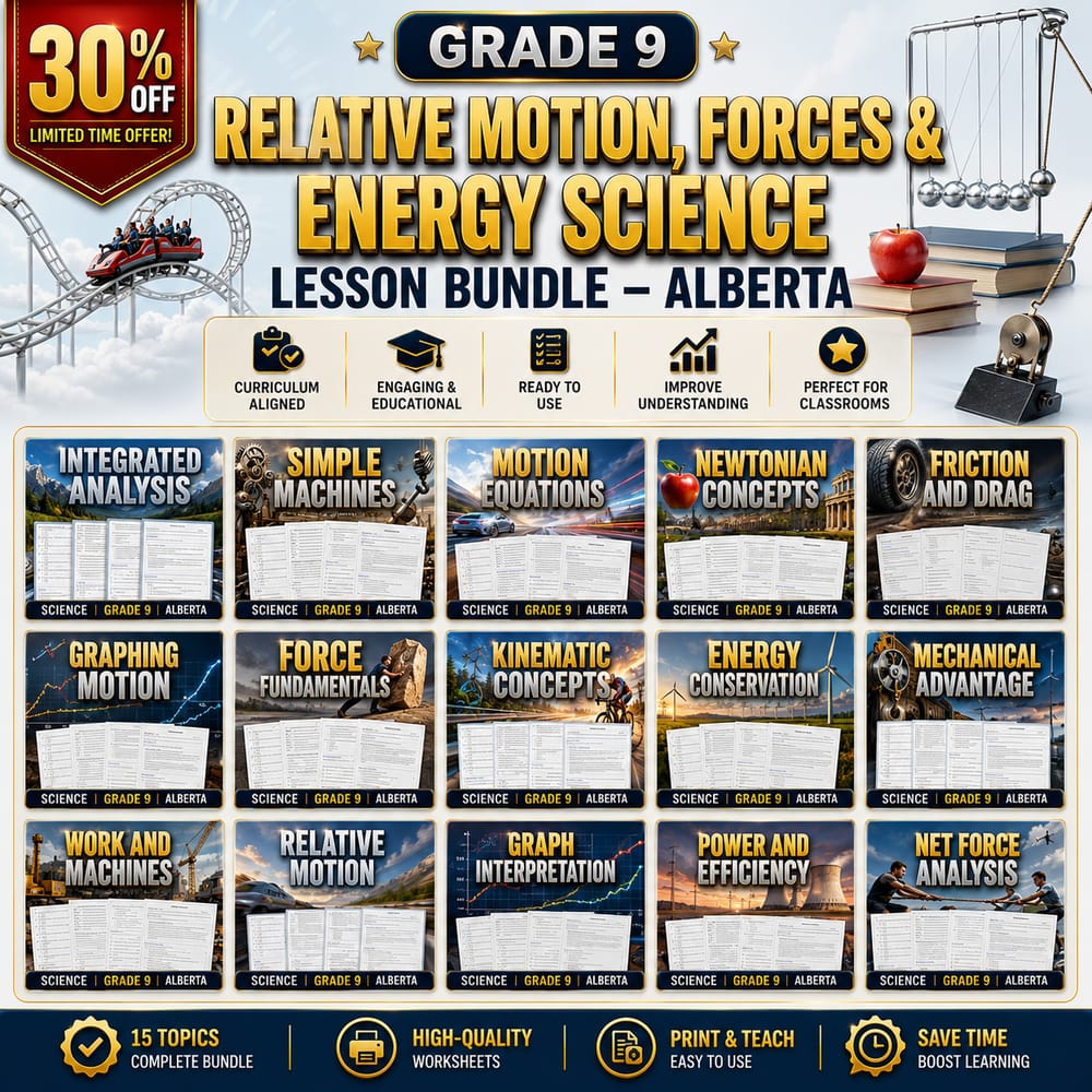 Grade 9 Relative Motion, Forces & Energy Science Lesson Bundle – Alberta — bundle cover