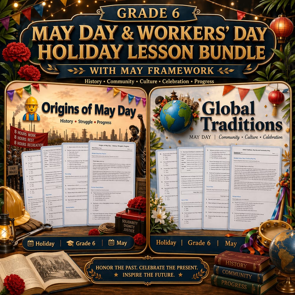 Grade 6 May Day & Workers' Day Holiday Lesson Bundle with May Framework  — bundle cover