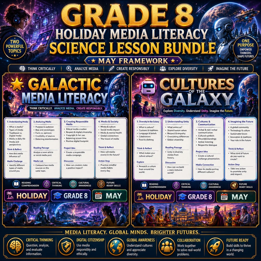 Grade 8 Holiday Media Literacy Science Lesson Bundle (May Framework) — bundle cover
