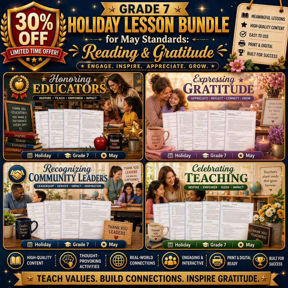 Grade 7 Holiday Lesson Bundle for May Standards: Reading & Gratitude — bundle cover