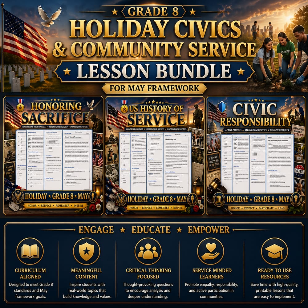 Grade 8 Holiday Civics and Community Service Lesson Bundle for May Framework — bundle cover