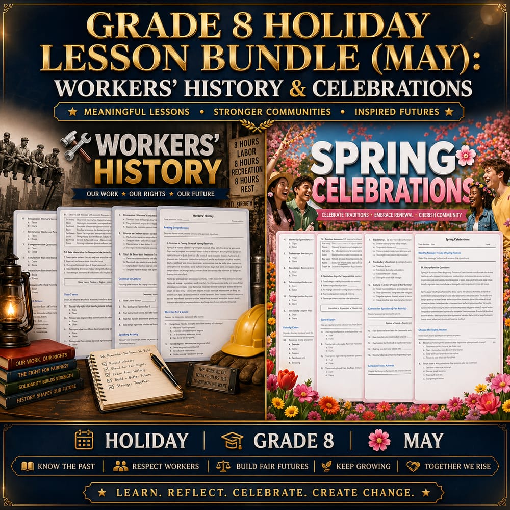 Grade 8 Holiday Lesson Bundle (May): Workers’ History & Celebrations — bundle cover