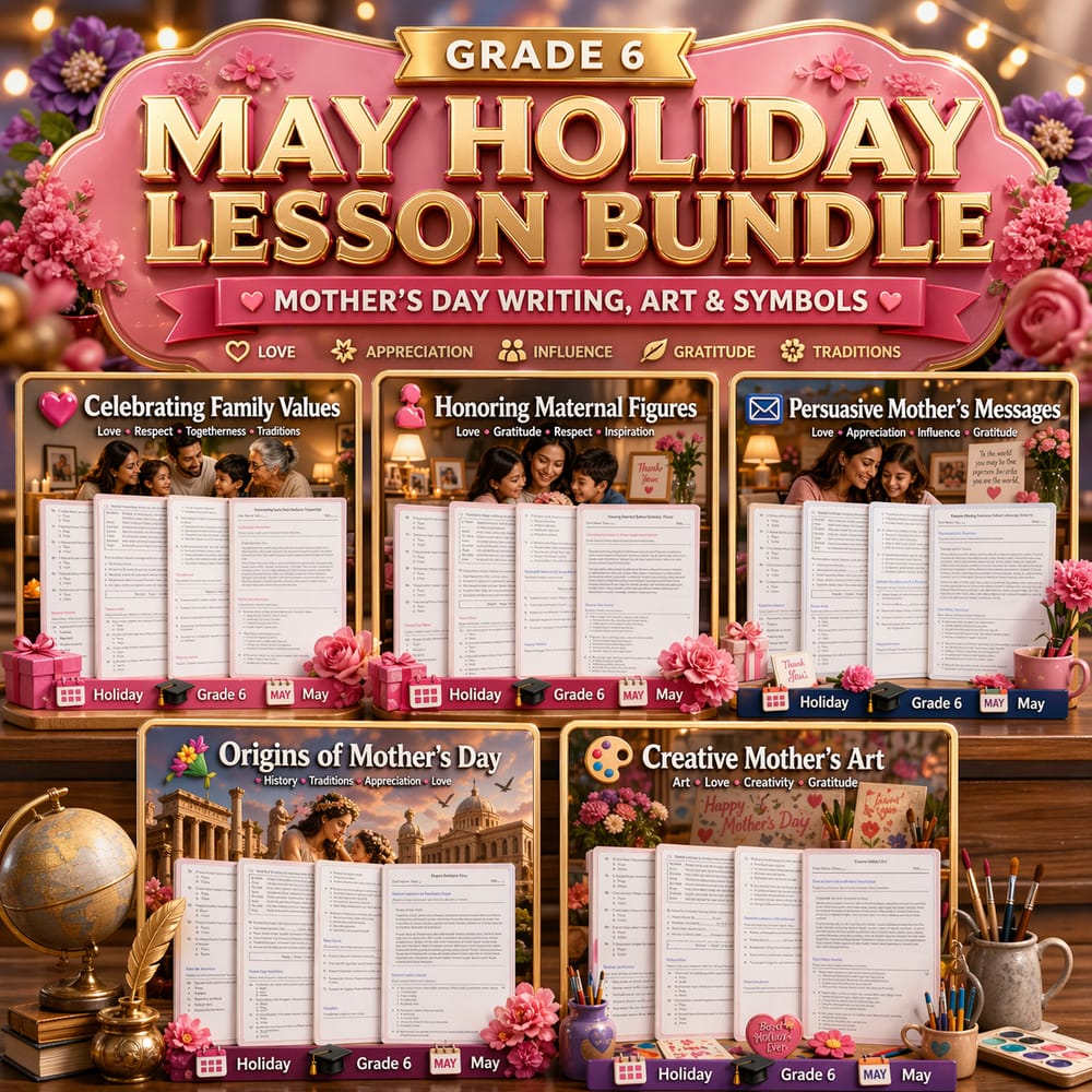 Grade 6 May Holiday Lesson Bundle: Mother’s Day Writing, Art & Symbols — bundle cover