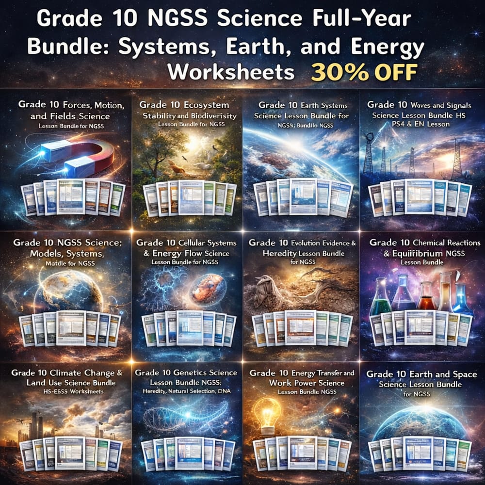 Grade 10 NGSS Science Full-Year Bundle: Systems, Earth, and Energy Worksheets — bundle cover