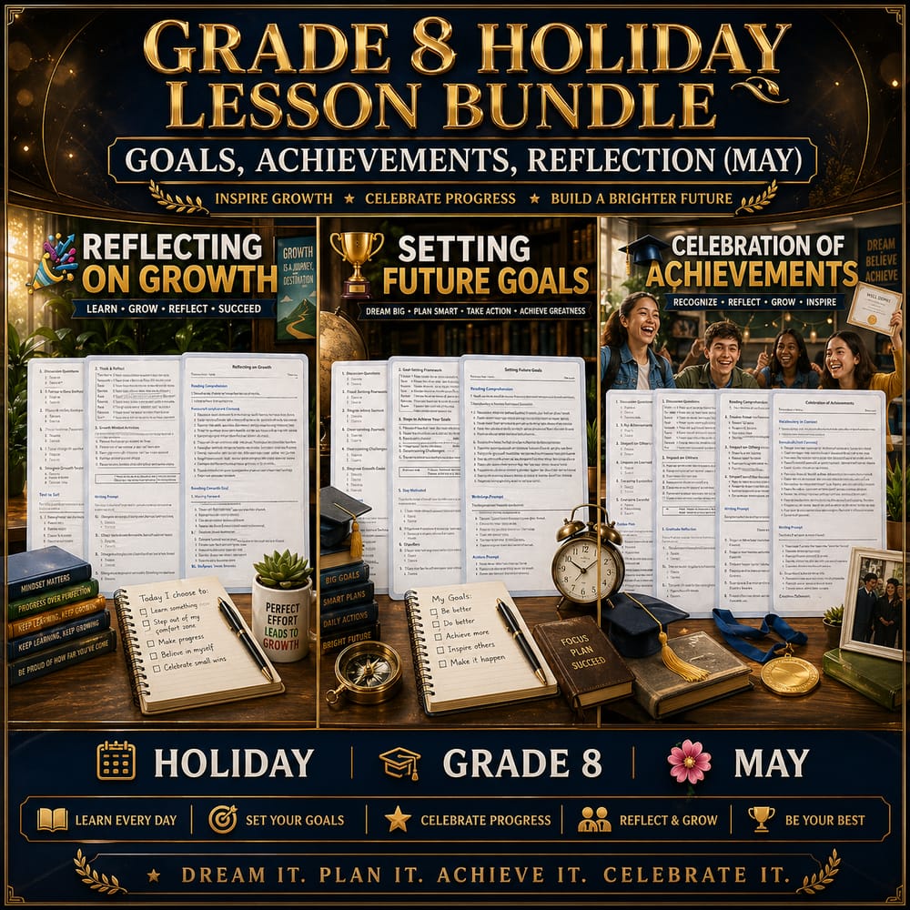 Grade 8 Holiday Lesson Bundle: Goals, Achievements, Reflection (May) — bundle cover