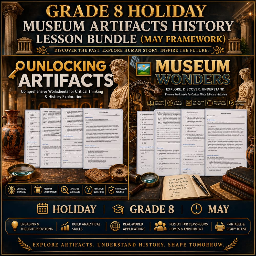 Grade 8 Holiday Museum Artifacts History Lesson Bundle (May Framework) — bundle cover