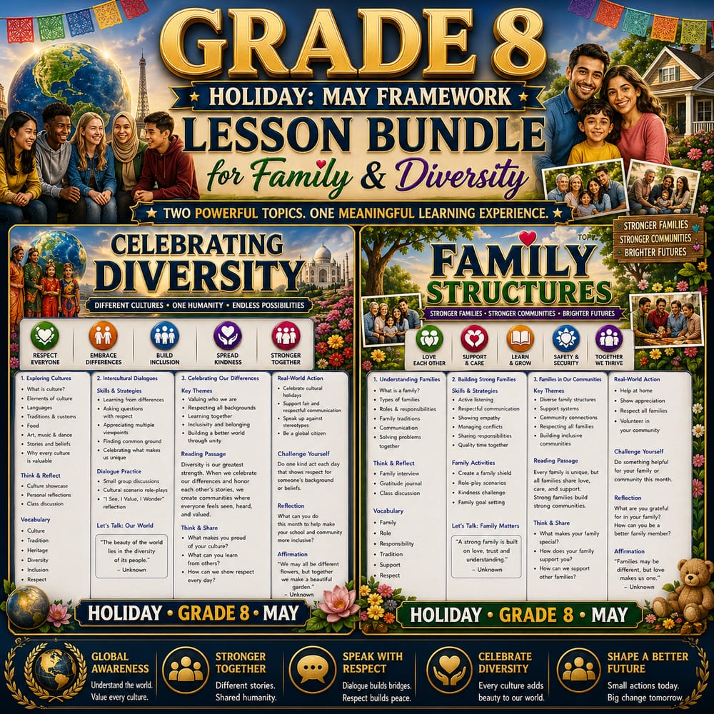 Grade 8 Holiday: May Framework Lesson Bundle for Family & Diversity — bundle cover