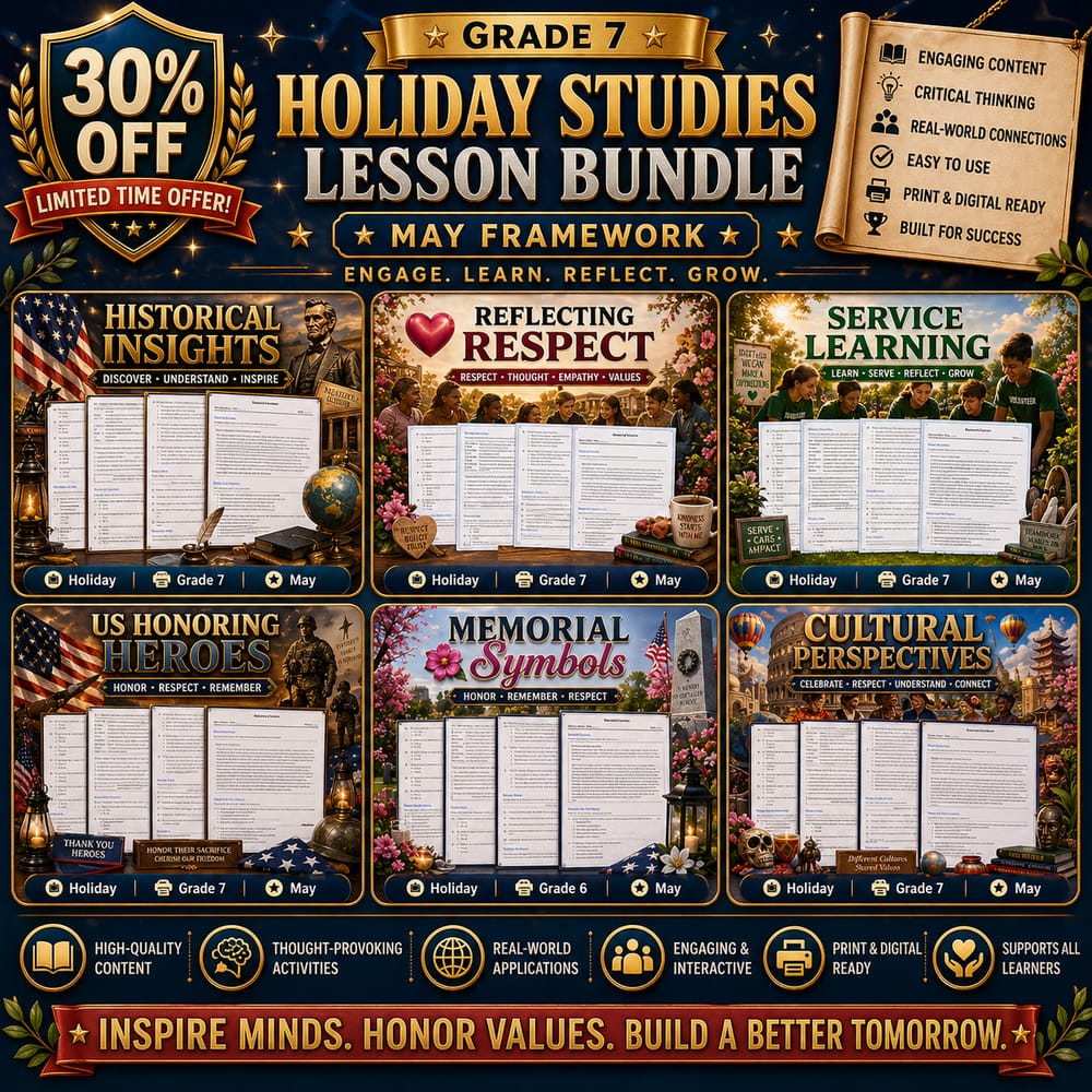 Grade 7 Holiday Studies Lesson Bundle | May Framework — bundle cover