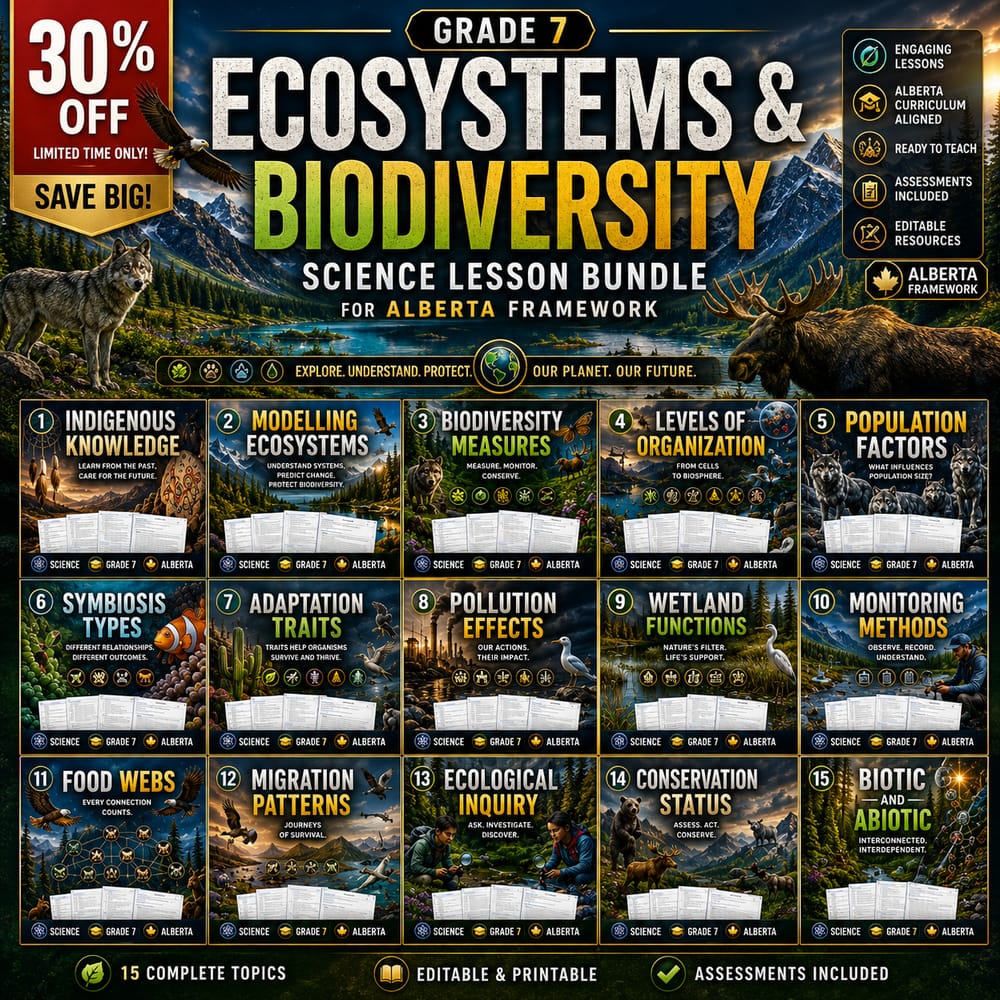 Grade 7 Ecosystems & Biodiversity Science Lesson Bundle for Alberta Framework — bundle cover