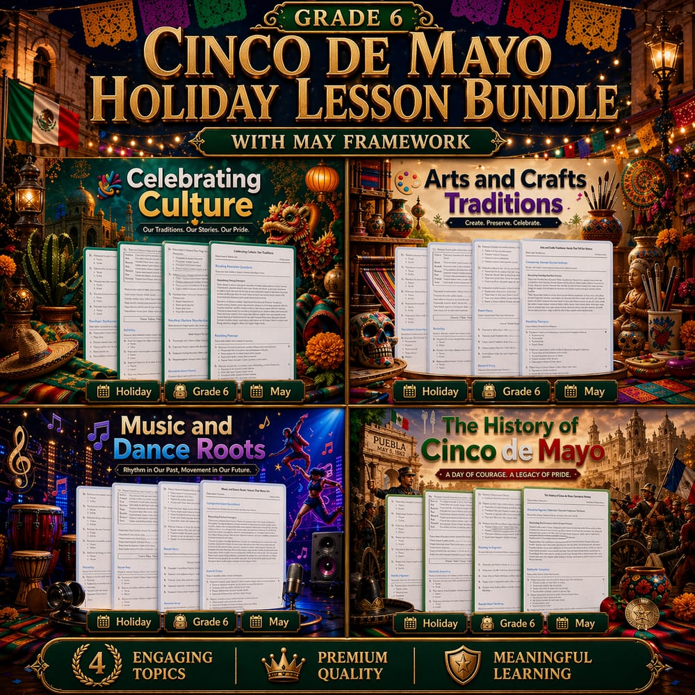 Grade 6 Cinco de Mayo Holiday Lesson Bundle with May Framework — bundle cover