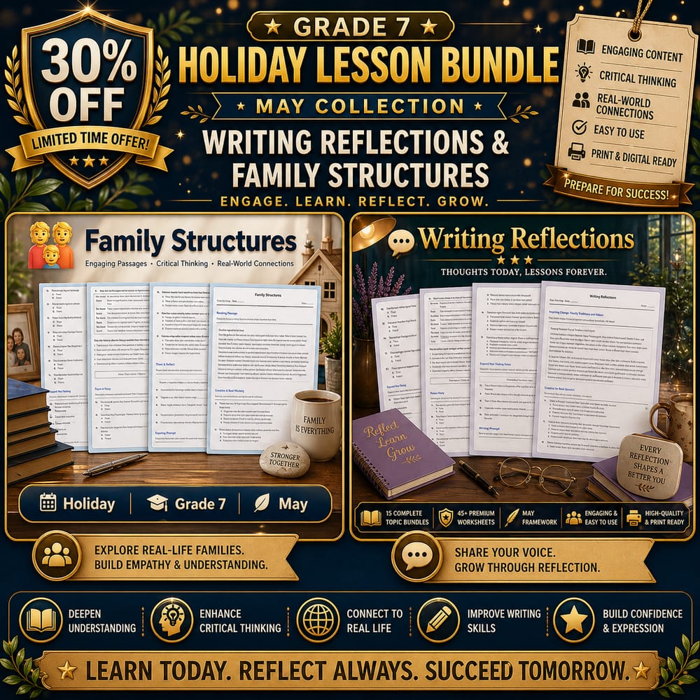 Grade 7 Holiday Lesson Bundle: May Writing Reflections & Family Structures — bundle cover