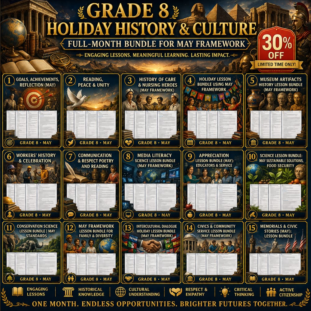 Grade 8 Holiday History & Culture Full-month Bundle for May Framework — bundle cover