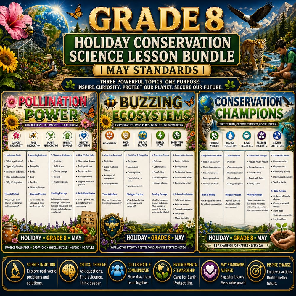 Grade 8 Holiday Conservation Science Lesson Bundle | May Standards — bundle cover