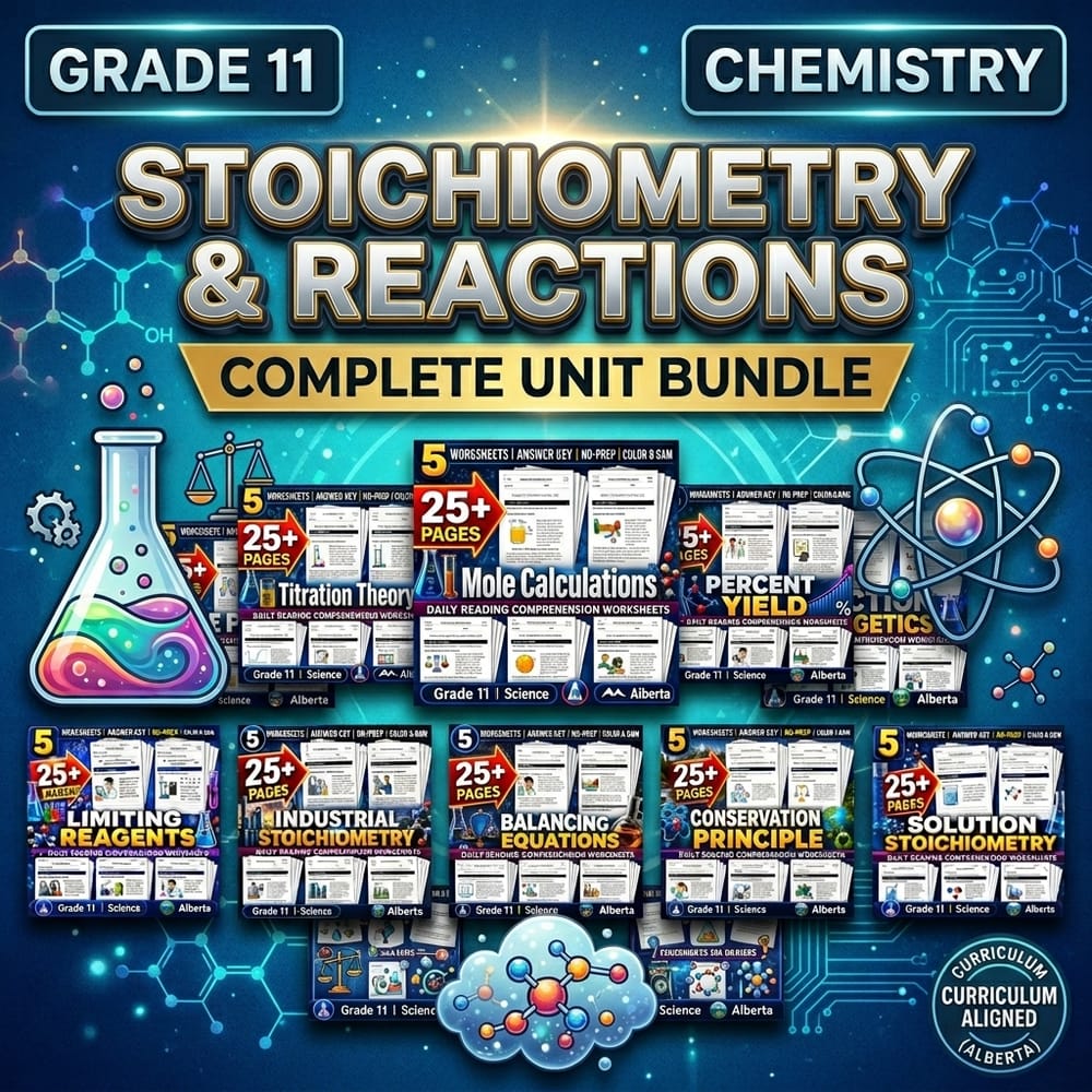 Chemical Reactions and Stoichiometry Lesson Bundle | Grade 11 Science Alberta — bundle cover