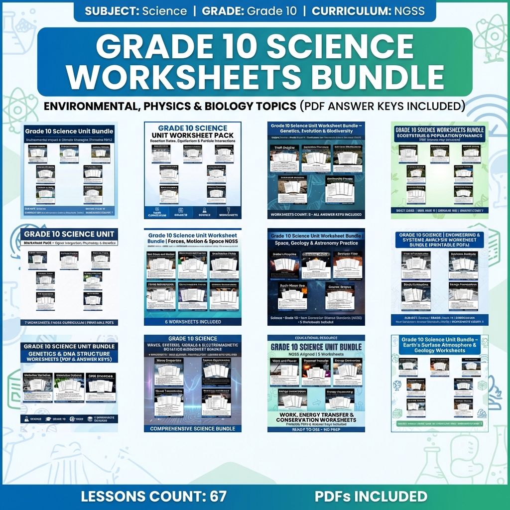 Grade 10 Science Worksheets Bundle | Environmental, Physics & Biology Topics — bundle cover