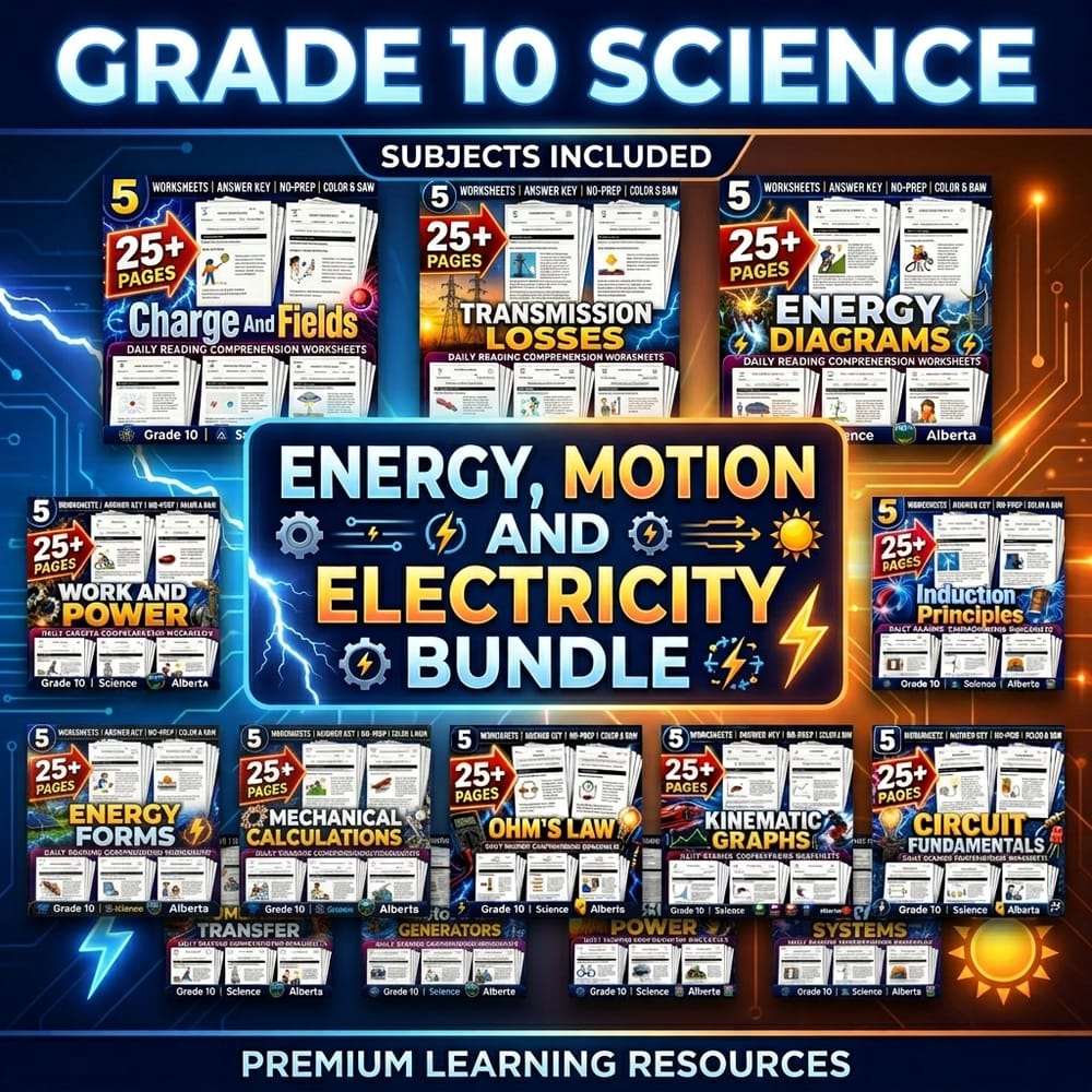 Energy, Motion and Electricity Lesson Bundle | Grade 10 Science | Alberta — bundle cover