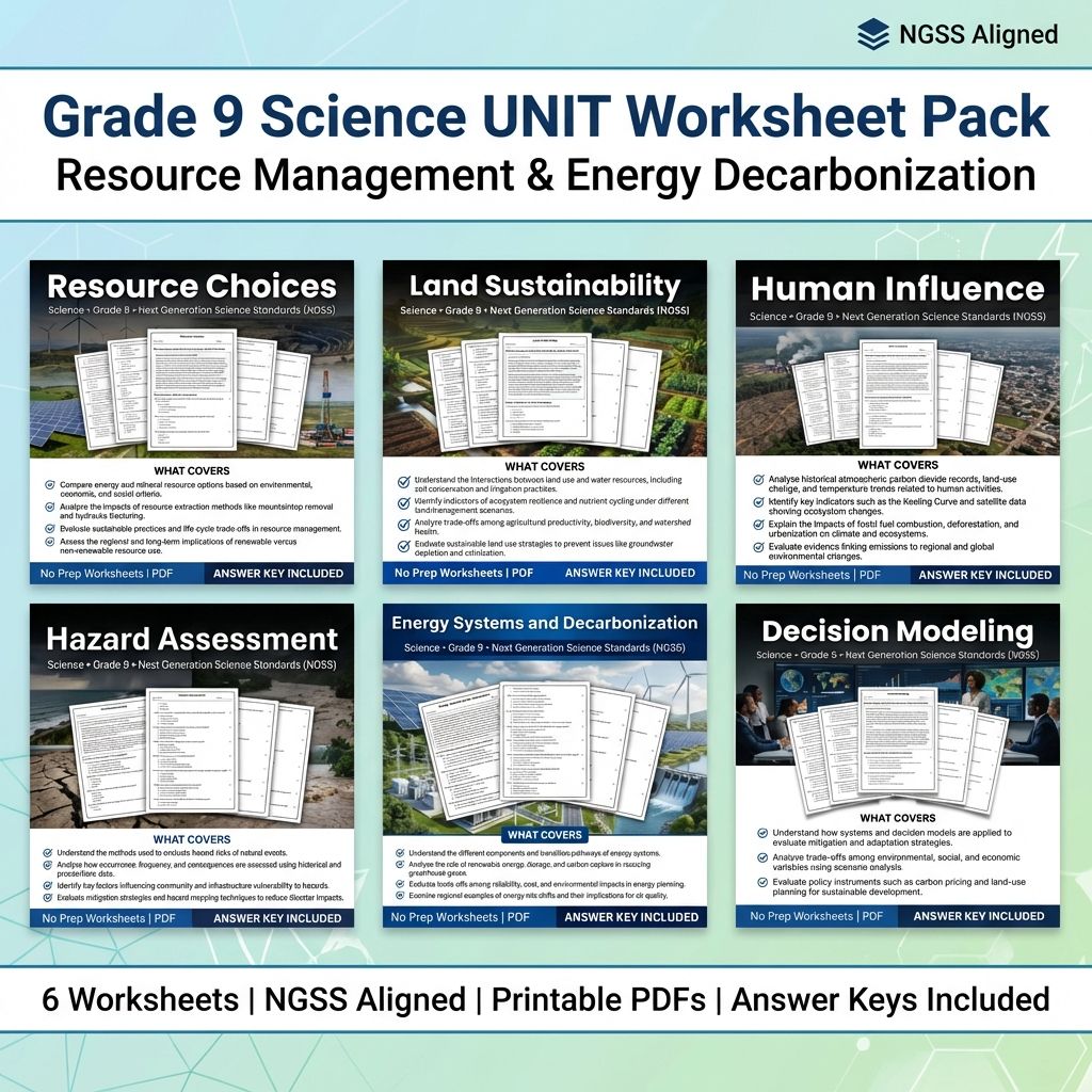 Grade 9 Science UNIT Worksheet Pack-Resource Management & Energy Decarbonization — bundle cover